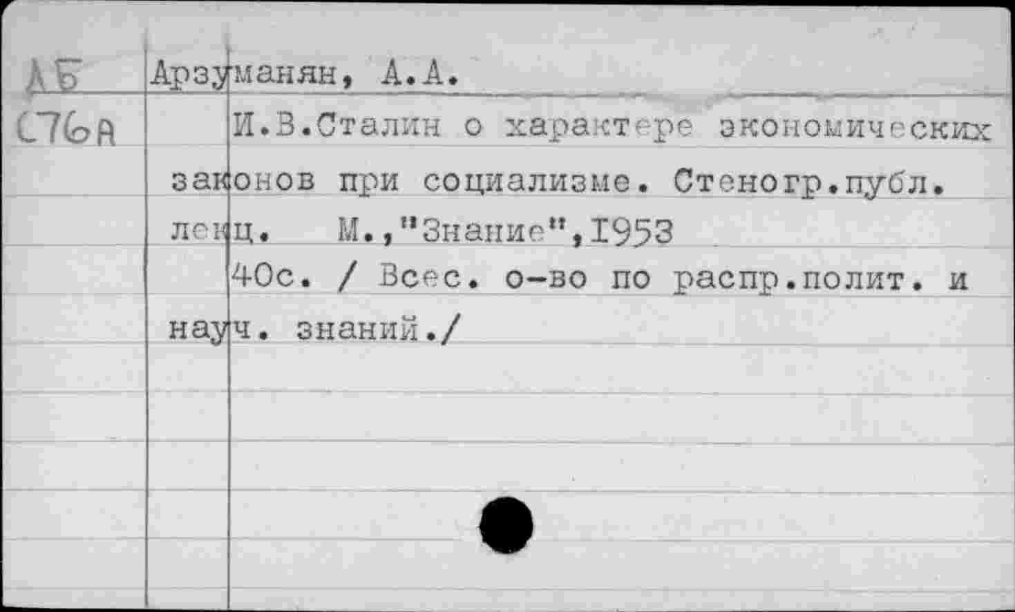 ﻿	Арз^	манян, А.А.
			И.3.Сталин о характере экономических
	зак	онов при социализме. Стеногр.публ.
	леи	ц. М./‘Знание**, 1953
		40с. / Всес. о-во по распр.полит, и
	нау	ч. знаний./